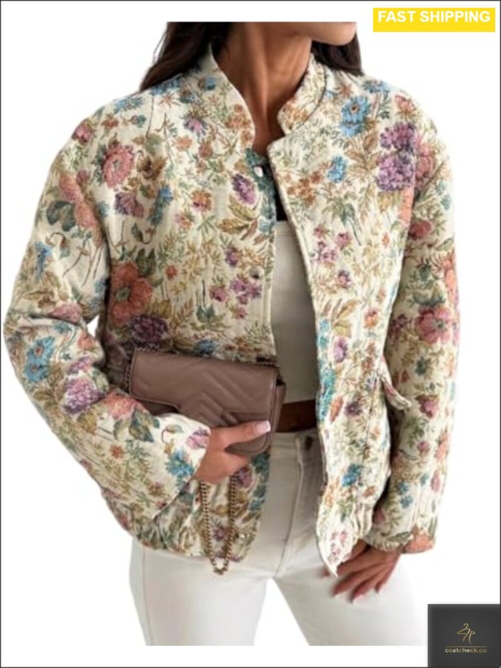 100% Polyester Floral Jacquard Bomber Jacket Snap Button Casual Coat